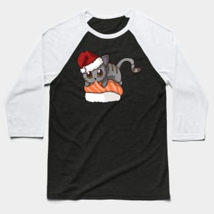 Grey Cat Salmon Sushi Christmas Baseball T-Shirt